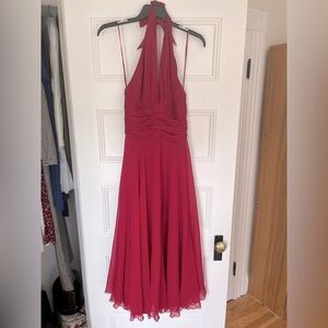 Midi halter top dress, bright raspberry, size 6, 100% chiffon silk, fully lined